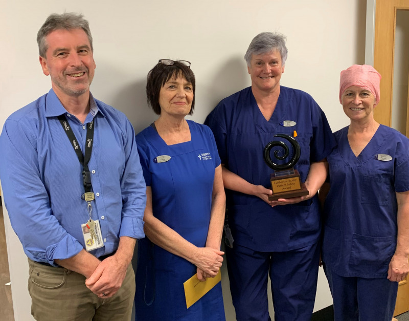2020 Catherine Scally Patient Safety Award winners 'PITStop: Post-operative handover tool.' L-R: Richard Whitney, Tricia Cairns, Sarah Eton, Richelle Manson